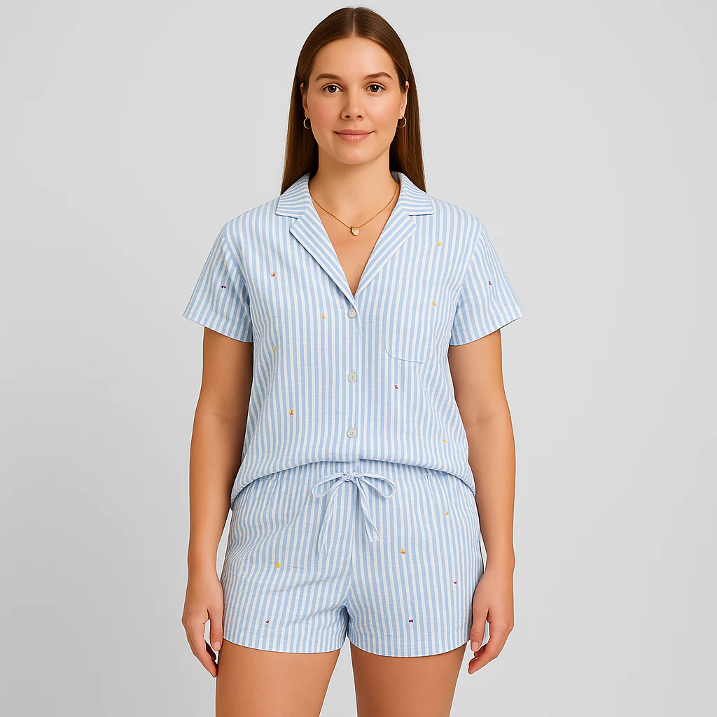 2-teiliges Damen-Pyjama-Set – Hemd zum Knöpfen und Shorts mit elastischer Taille - Image 2