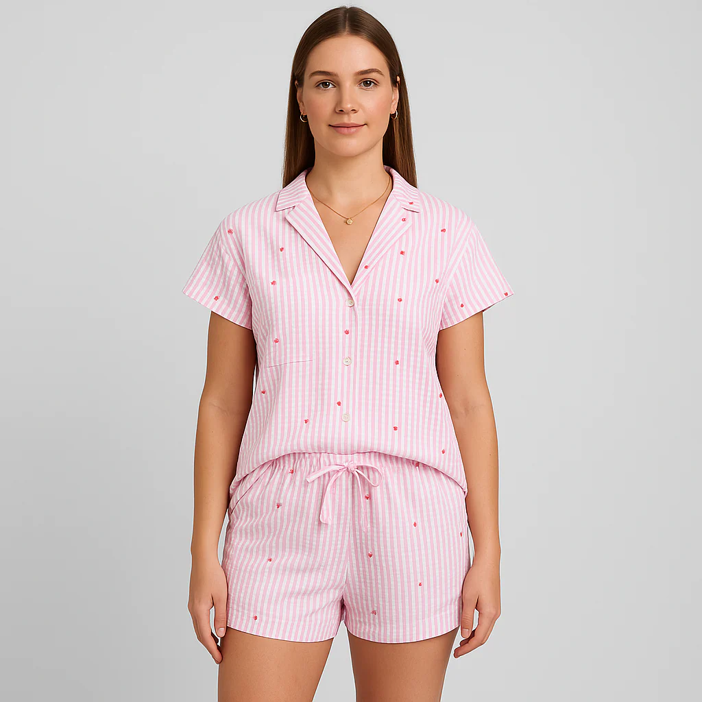 2-teiliges Damen-Pyjama-Set – Hemd zum Knöpfen und Shorts mit elastischer Taille - Image 3
