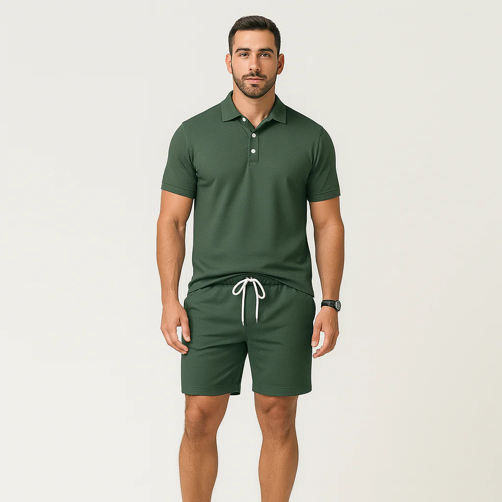 2-teiliges Herren-Poloshirt-Set – Kurzarmhemd mit Kragen und Shorts mit Kordelzug in Dunkelgrün - Image 2