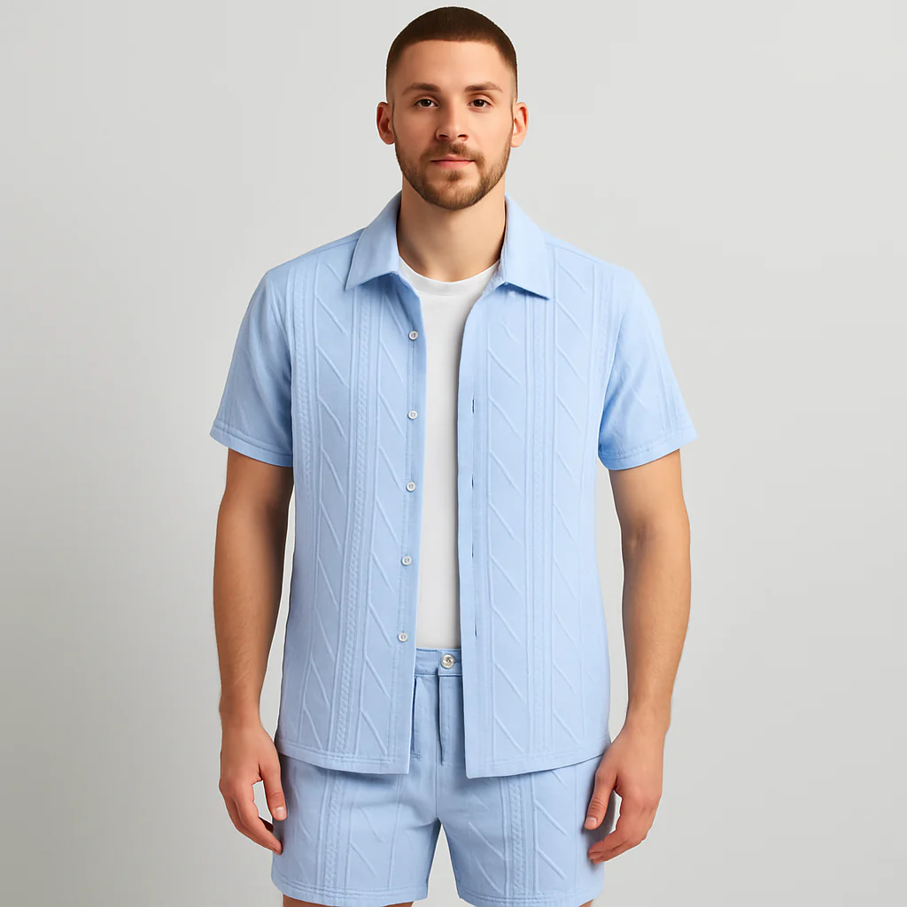 2-teiliges Jacquard-Strick-Set für Herren – Kurzarmhemd und Shorts in Unifarbe, Premium-Freizeitoutfit - Image 2