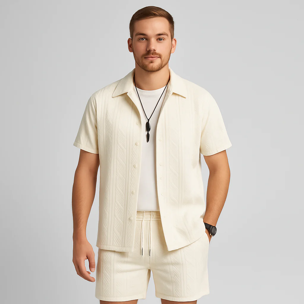 2-teiliges Jacquard-Strick-Set für Herren – Kurzarmhemd und Shorts in Unifarbe, Premium-Freizeitoutfit - Image 3