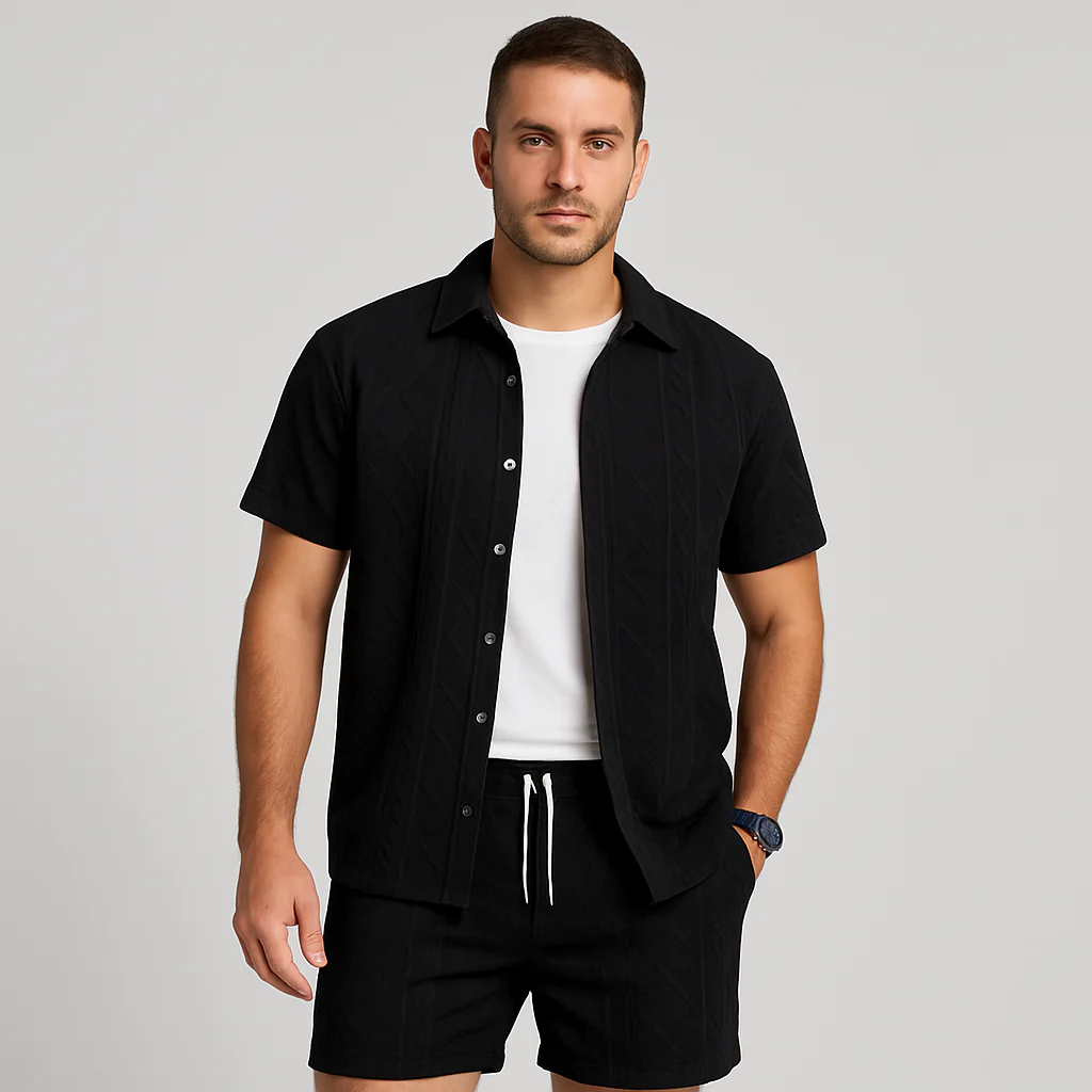 2-teiliges Jacquard-Strick-Set für Herren – Kurzarmhemd und Shorts in Unifarbe, Premium-Freizeitoutfit - Image 4
