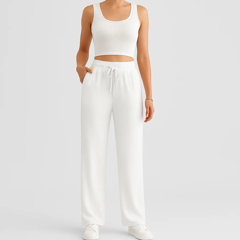2-teiliges Sommer-Set für Damen – Ärmelloses Crop-Top und strukturierte Hose mit hoher Taille - Image 2