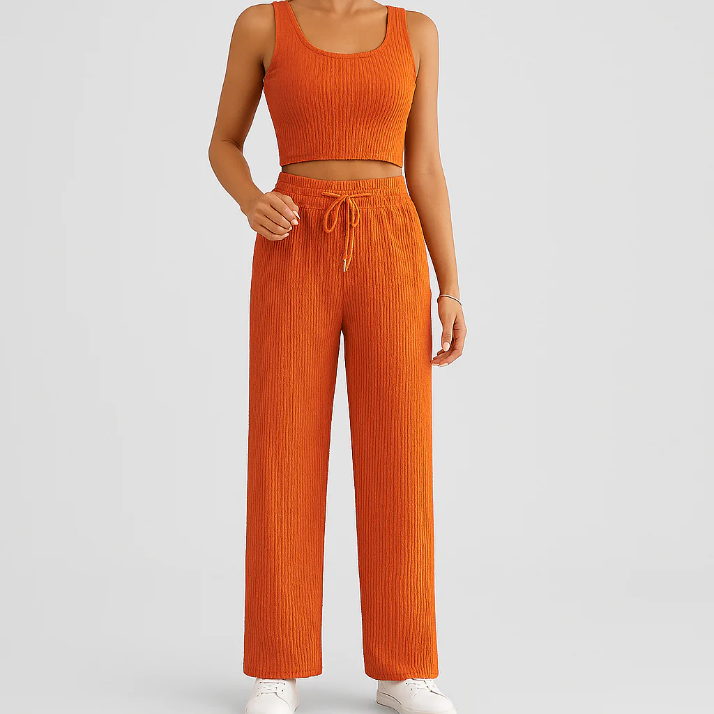 2-teiliges Sommer-Set für Damen – Ärmelloses Crop-Top und strukturierte Hose mit hoher Taille - Image 3