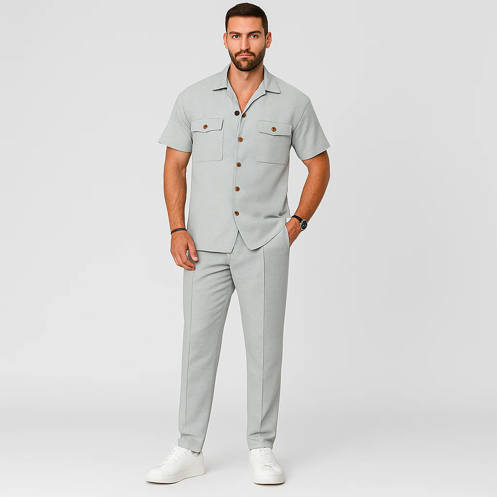 2-teiliges Sommer-Set für Herren – Lässiges Strandhemd mit Doppeltaschen und passende lange Hose - Image 6