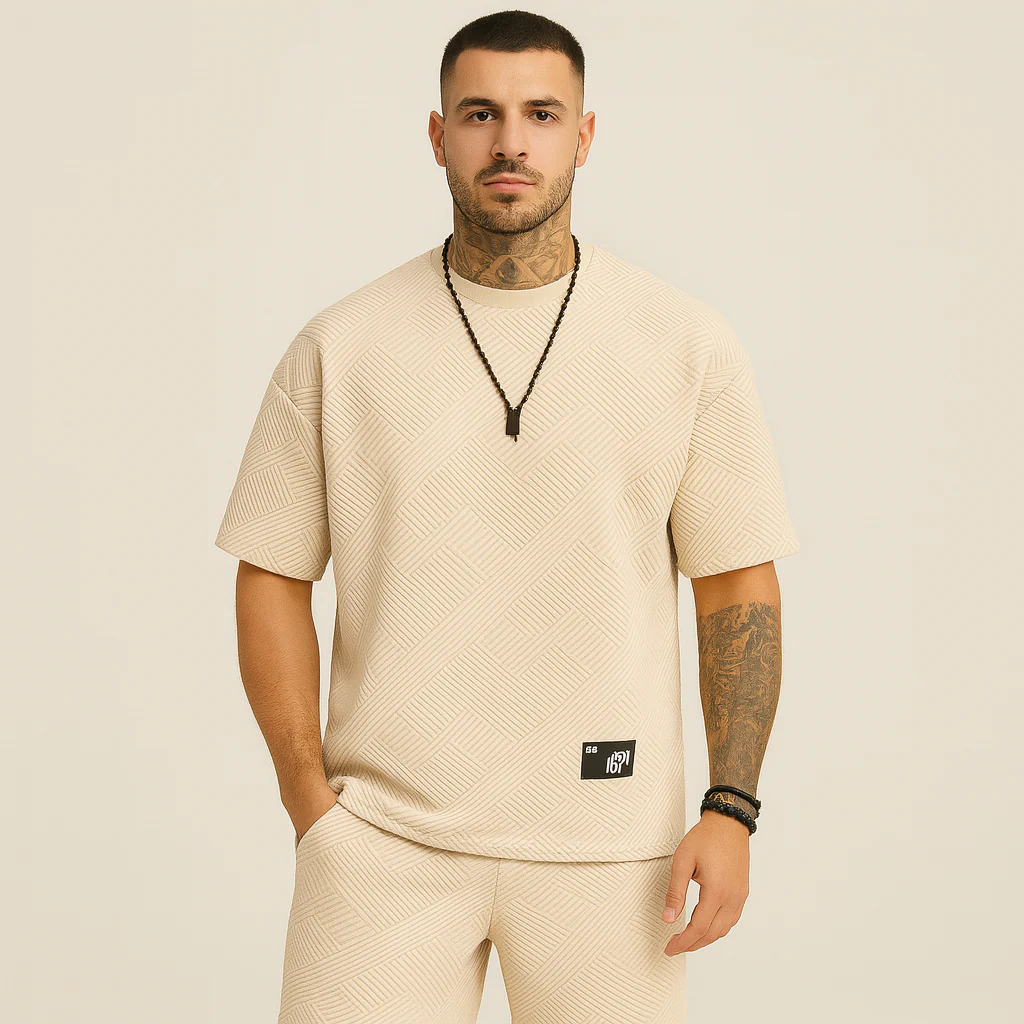 2-teiliges strukturiertes Herren-Set – Kurzarm-Oberteil mit Rundhalsausschnitt und passende Jacquard-Shorts