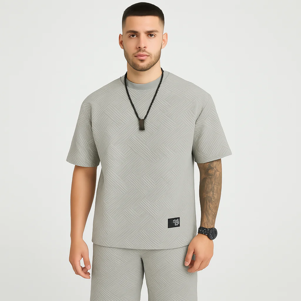 2-teiliges strukturiertes Herren-Set – Kurzarm-Oberteil mit Rundhalsausschnitt und passende Jacquard-Shorts - Image 4