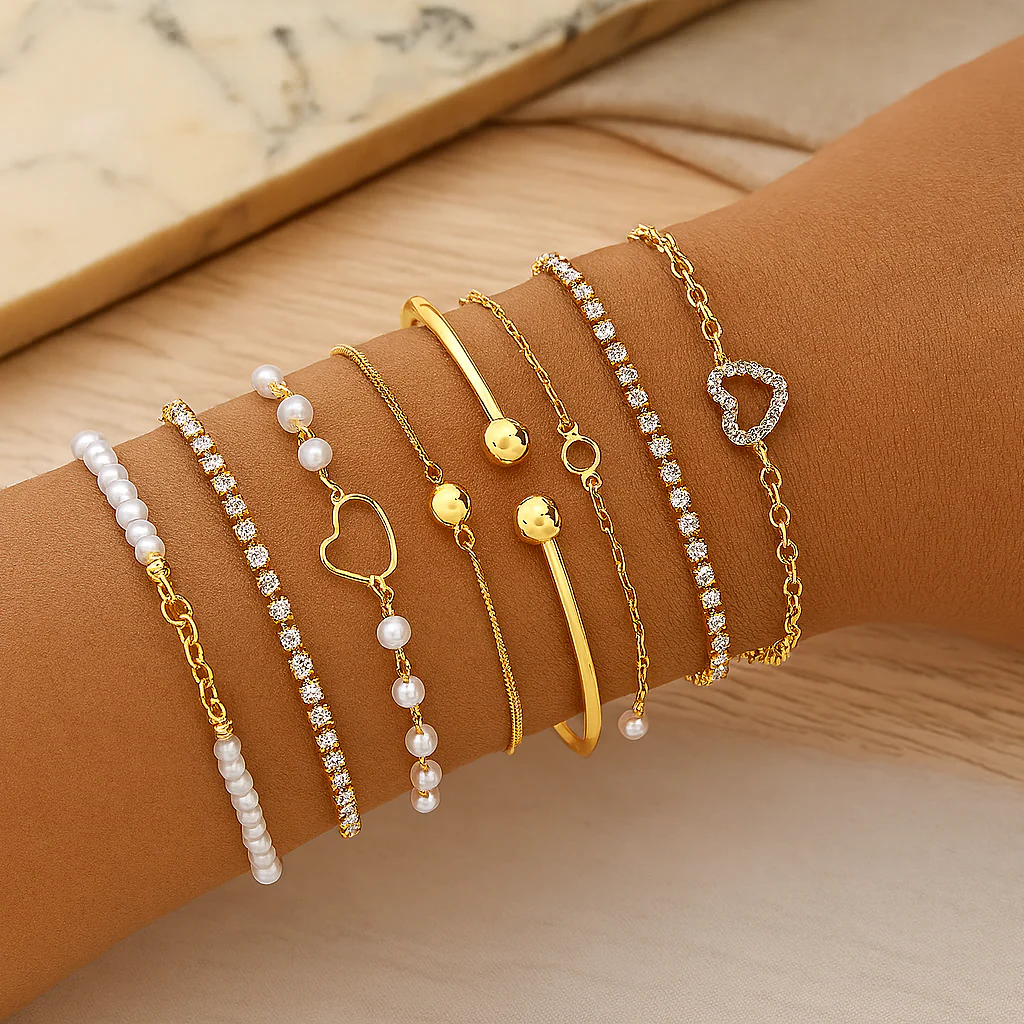 8-teiliges elegantes Armbandset – Herzanhänger & Lagenschmuck für Damen - Image 2