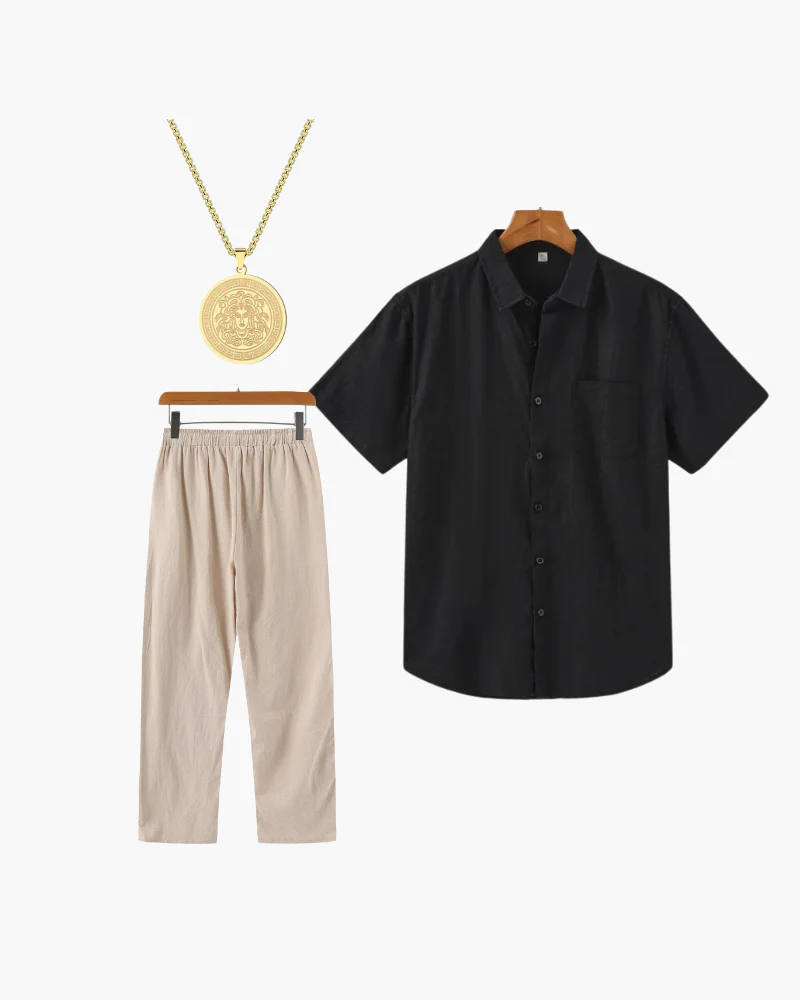 Adam | 3-teiliges Sommer-Outfit mit Kurzarmhemd, Leinenhose & Goldkette - Image 6