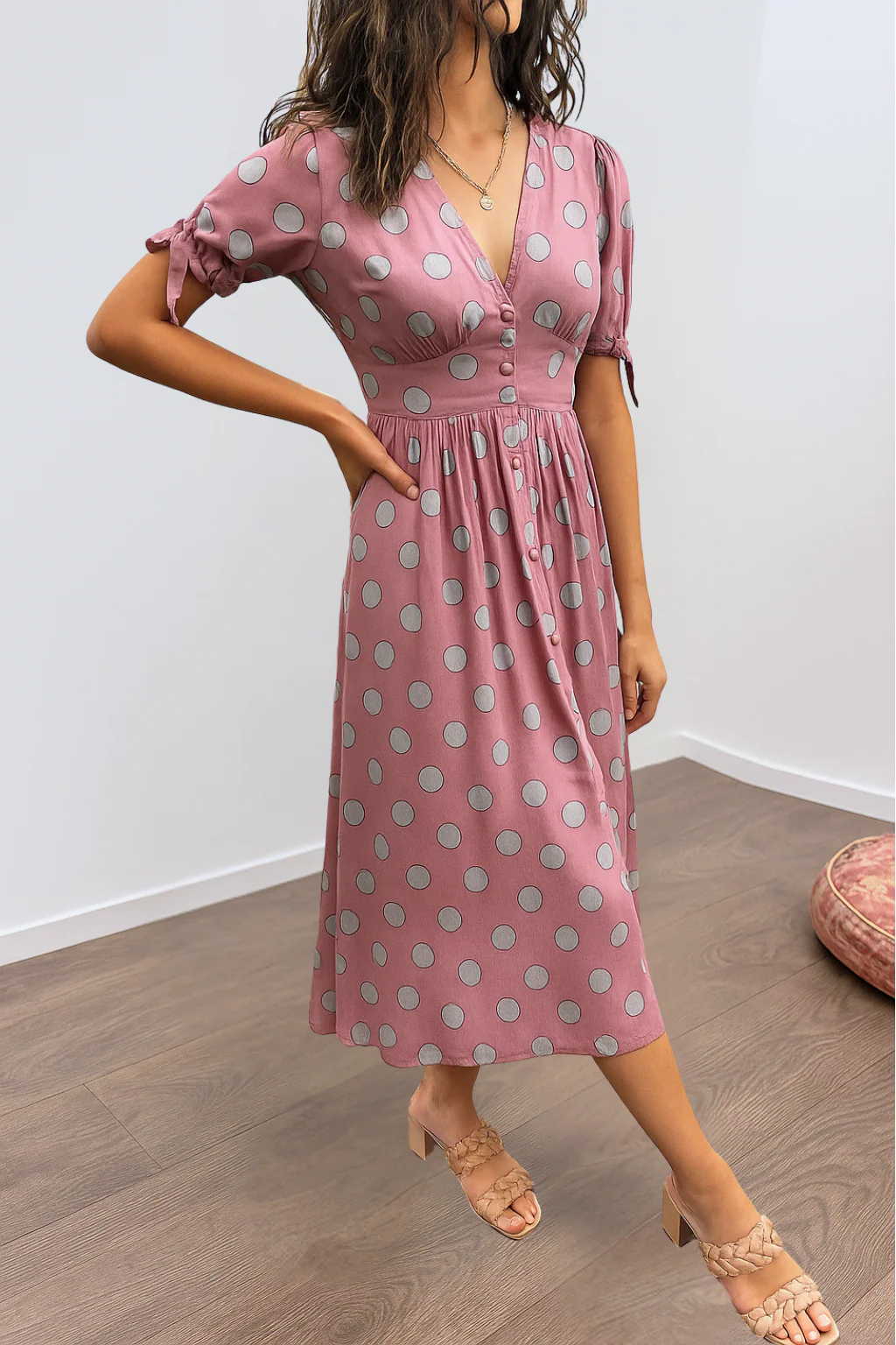 Aleksandra - Elegant Polka Dot Dress with V-neck - Image 10
