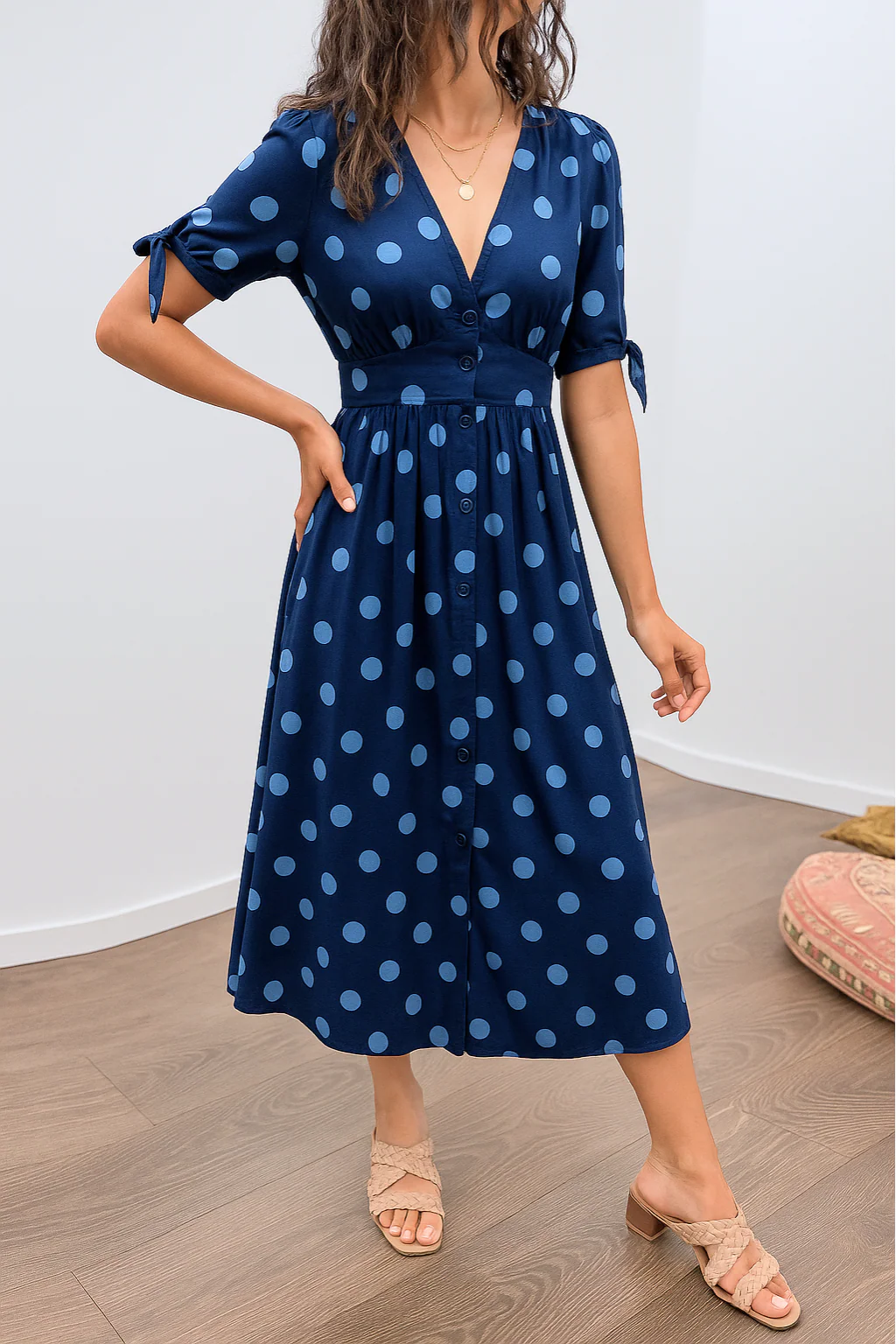 Aleksandra - Elegant Polka Dot Dress with V-neck - Image 2