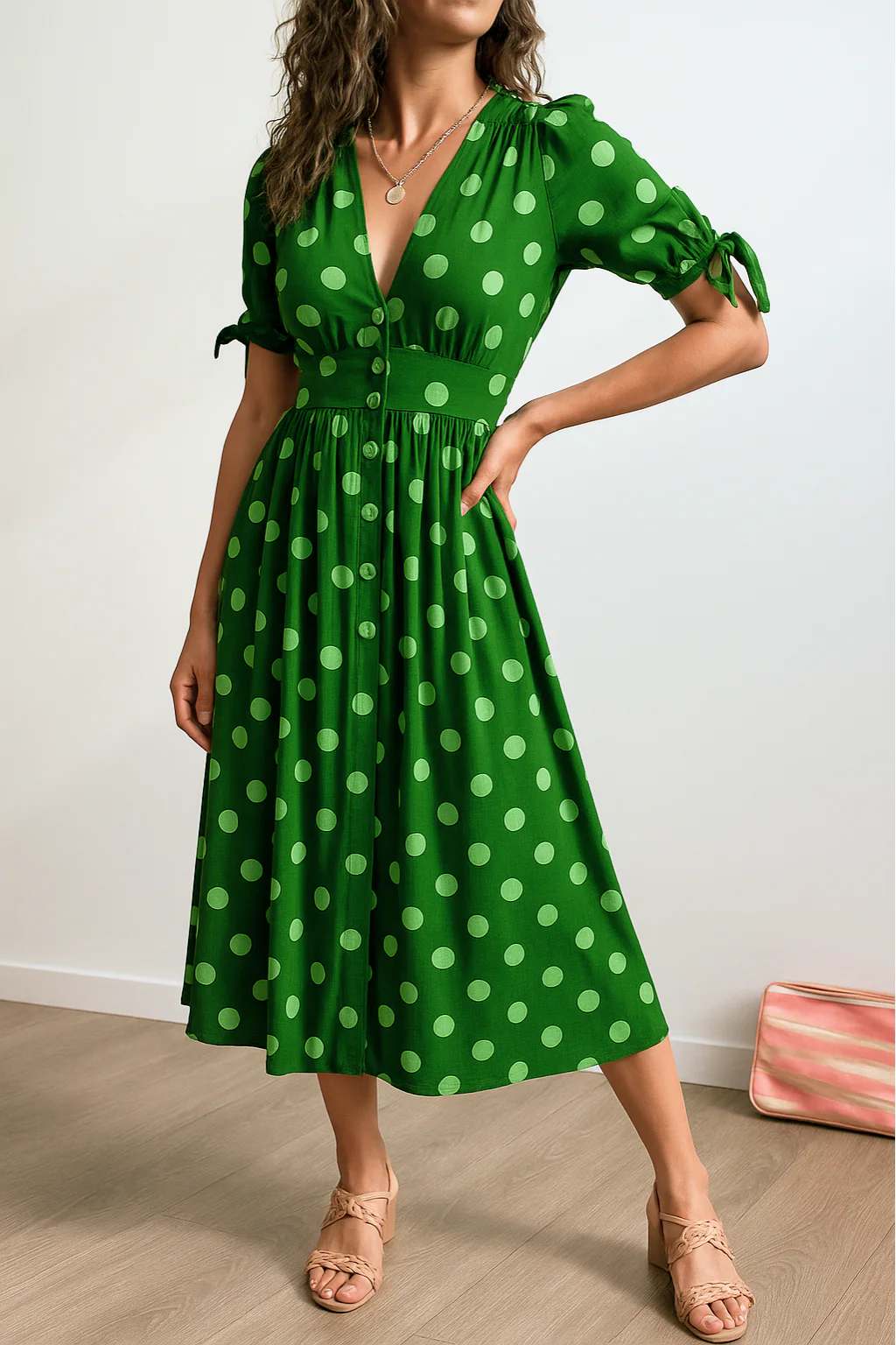 Aleksandra - Elegant Polka Dot Dress with V-neck - Image 4