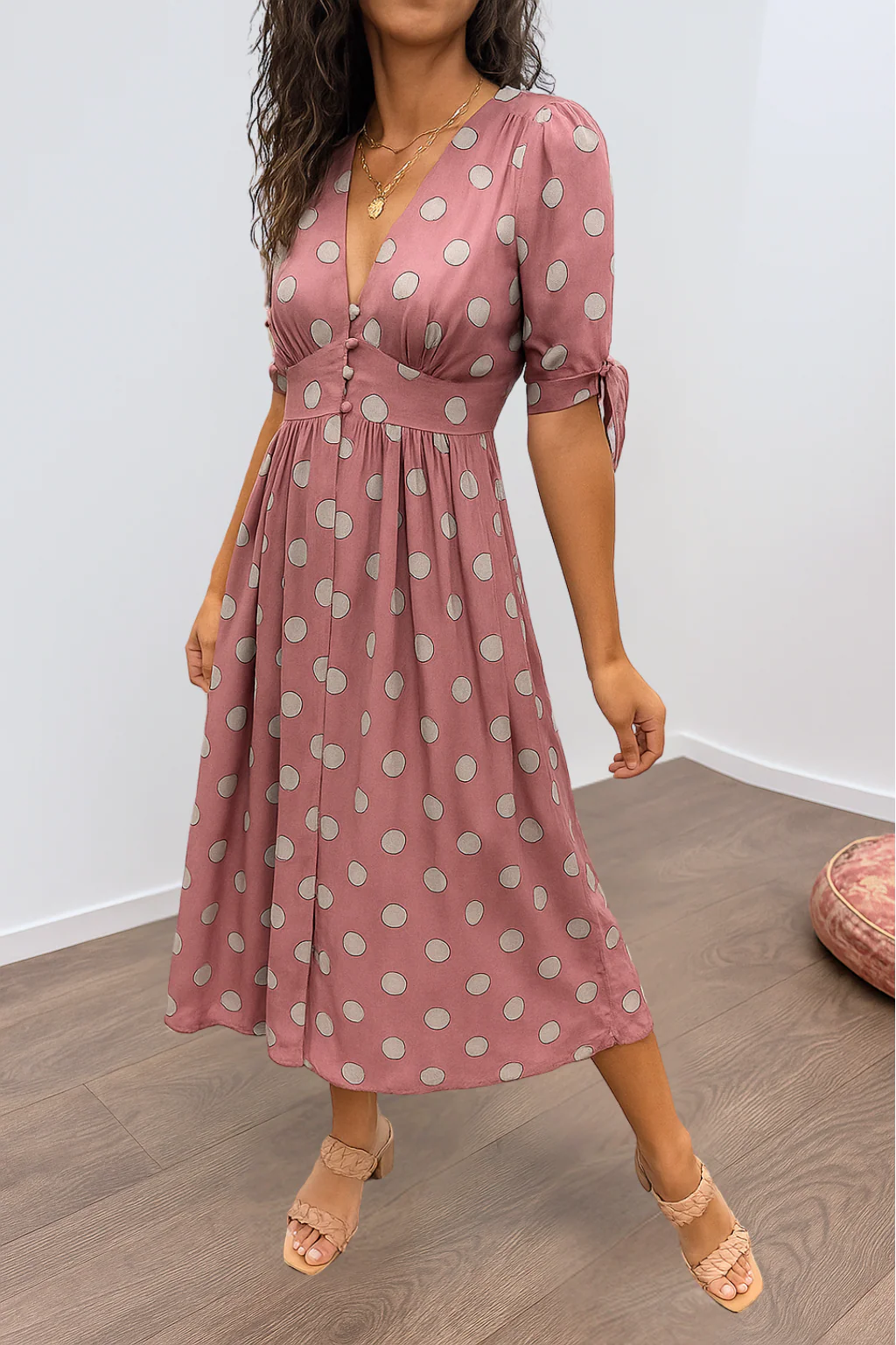 Aleksandra - Elegant Polka Dot Dress with V-neck - Image 6