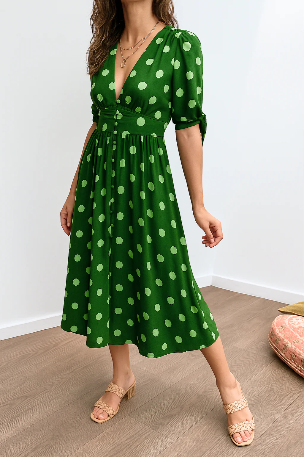 Aleksandra - Elegant Polka Dot Dress with V-neck - Image 8