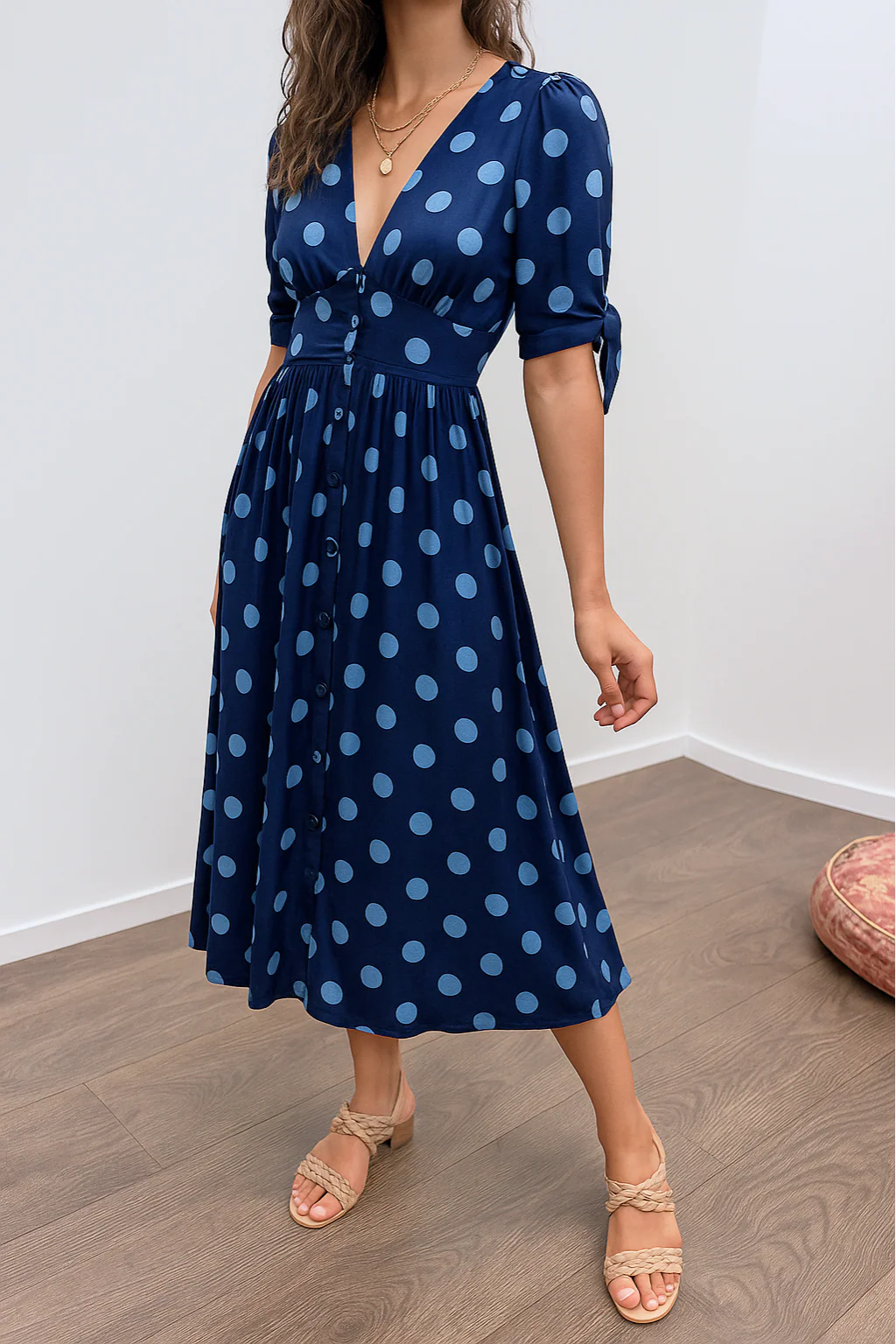 Aleksandra - Elegant Polka Dot Dress with V-neck - Image 9
