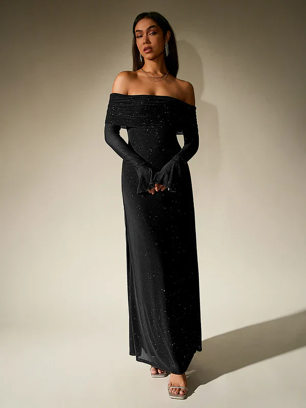 Alina | Schulterfreies Abendkleid in Braun mit Glitzer - Image 3