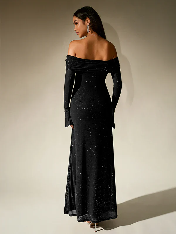 Alina | Schulterfreies Abendkleid in Braun mit Glitzer - Image 4