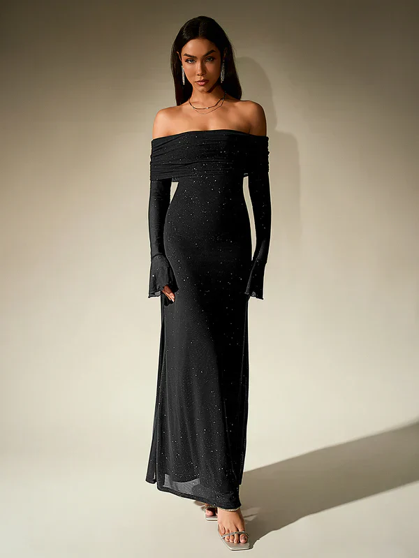 Alina | Schulterfreies Abendkleid in Braun mit Glitzer - Image 6