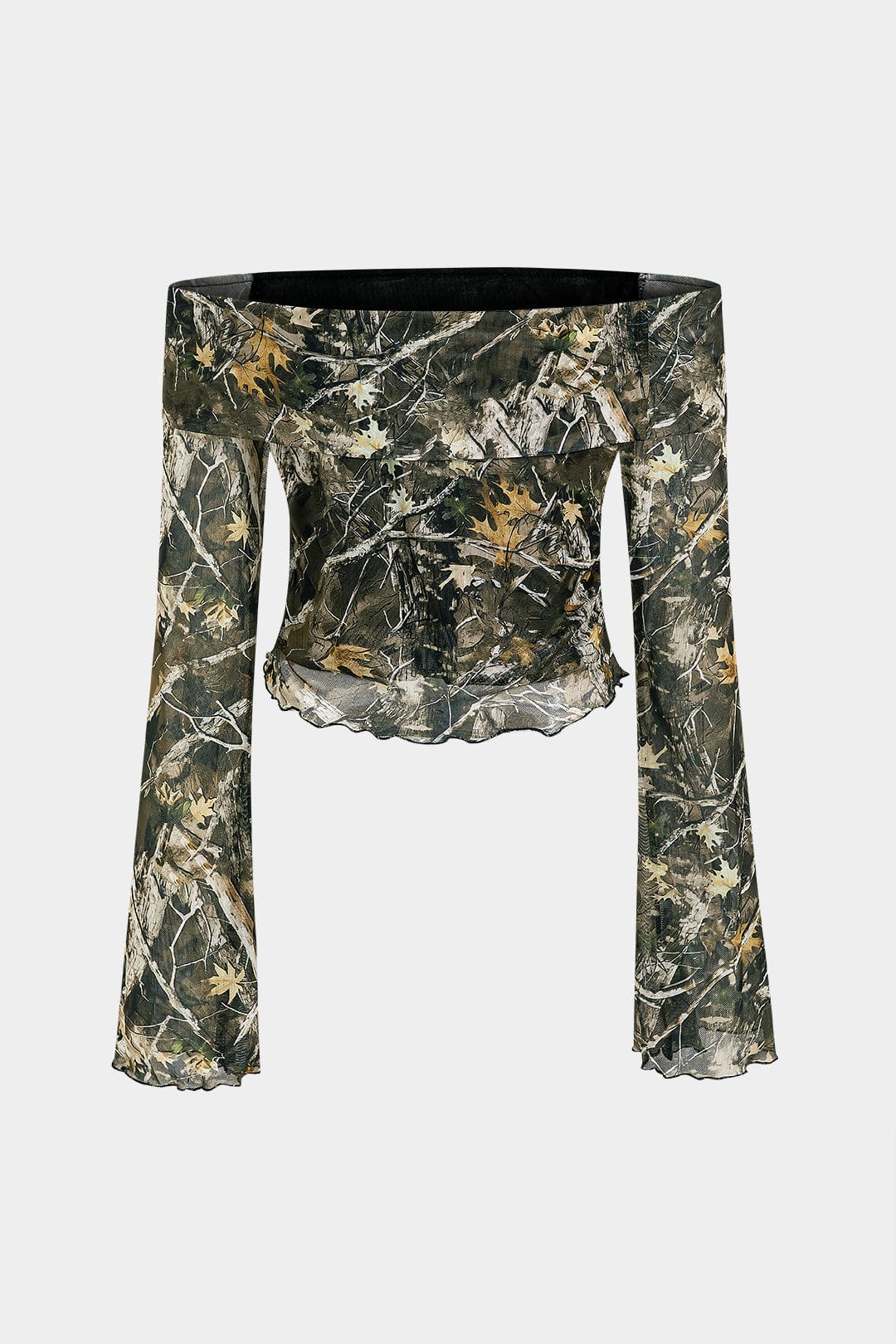 Anna | Off-Shoulder Mesh-Top mit Camouflage-Print & Trompetenärmeln - Image 5