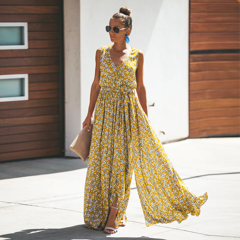 Ärmelloses Maxikleid mit Blumenprint & Schlitz – Sommerlich & Elegant - Image 3