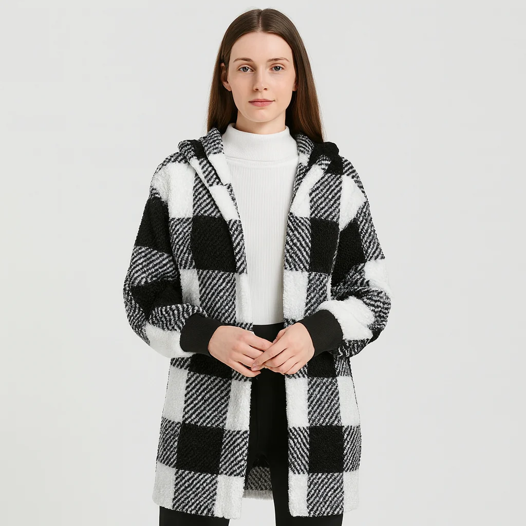 Ava | Damen Fleece-Cardigan mit Kapuze und Karomuster - Image 2