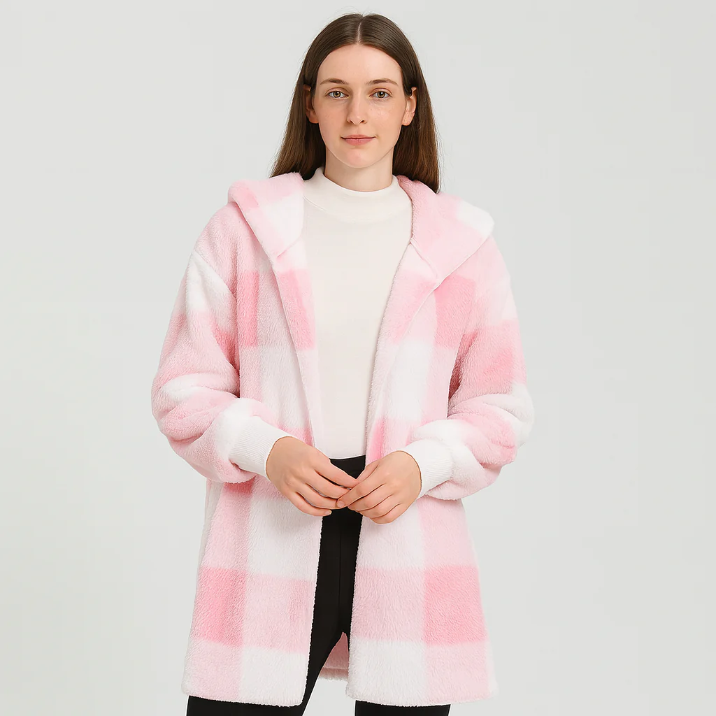 Ava | Damen Fleece-Cardigan mit Kapuze und Karomuster - Image 3