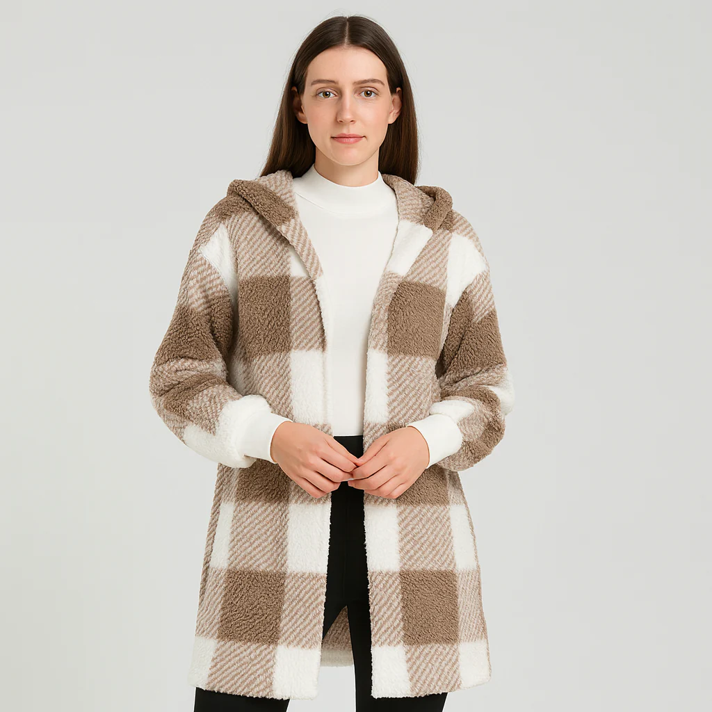 Ava | Damen Fleece-Cardigan mit Kapuze und Karomuster - Image 4