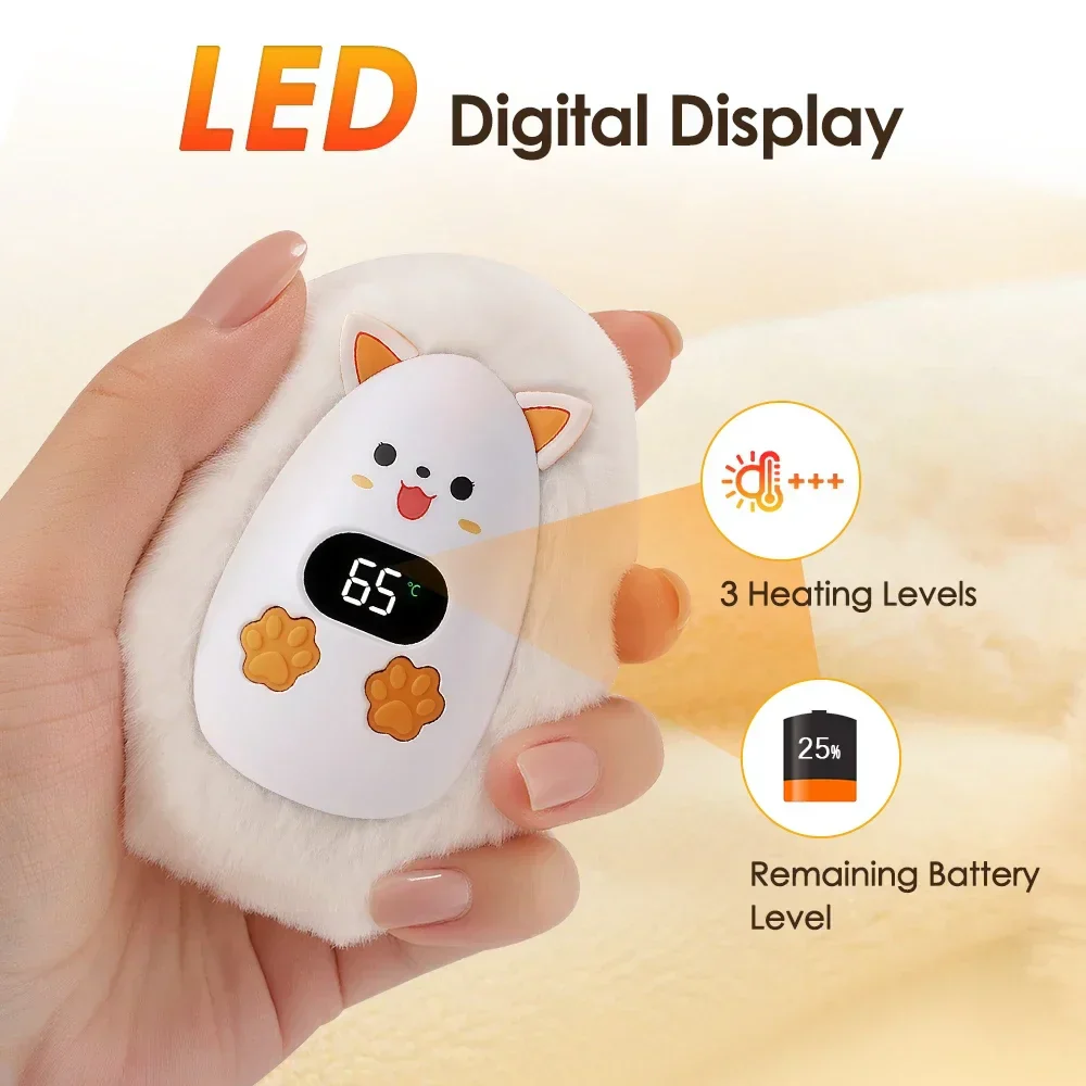 Avelena | Furrio Elektrischer Handwärmer Fuchs | Wiederaufladbar 1200 mAh | 3 Heizstufen & Digitalanzeige | Plüsch-Oberfläche | USB Typ-C | Tragbar für Winter & Büro - Image 5