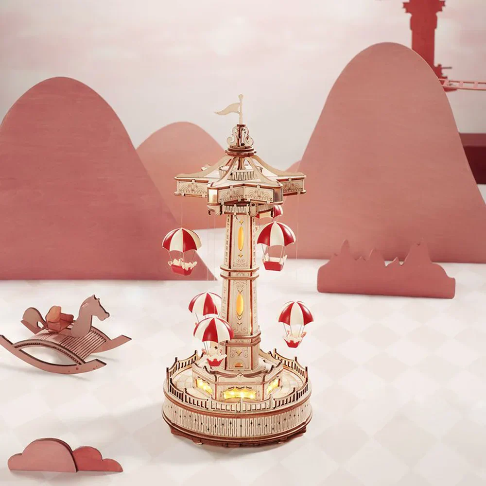 Avelena | ROKR Parachute Tower Musikbox | 3D Holzpuzzle mit Bewegung & Licht | DIY Bausatz 184 Teile | Magischer Jahrmarkt für Kinder & Erwachsene - Image 4