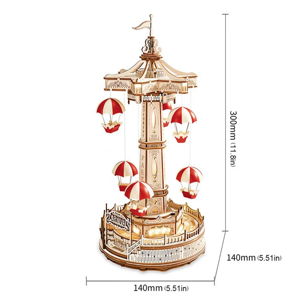 Avelena | ROKR Parachute Tower Musikbox | 3D Holzpuzzle mit Bewegung & Licht | DIY Bausatz 184 Teile | Magischer Jahrmarkt für Kinder & Erwachsene - Image 7