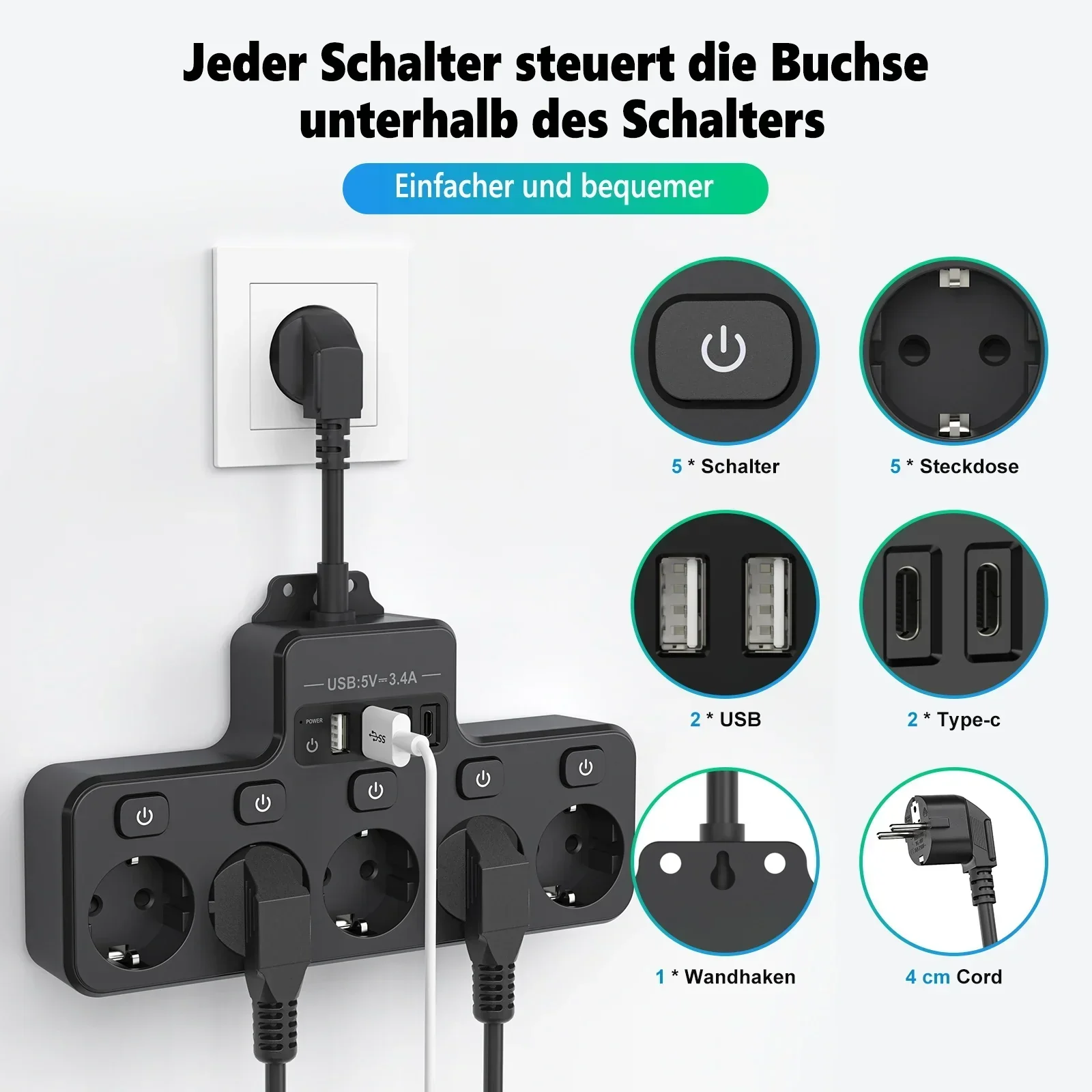 Avelena | Voltaro Pro 9-in-1 | Steckdosenleiste EU | 5 AC Steckplätze + 4 USB (2× Typ-C) | Einzelschalter | 16A | Kurz-Kabel 10 cm - Image 3