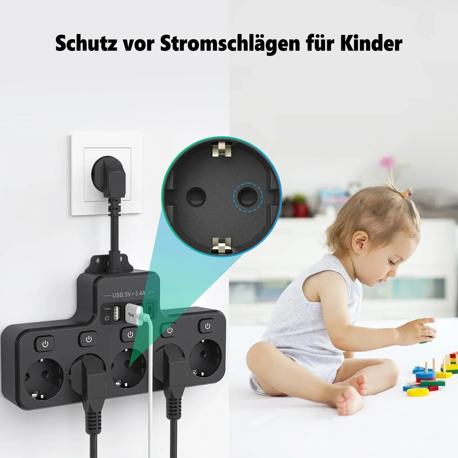 Avelena | Voltaro Pro 9-in-1 | Steckdosenleiste EU | 5 AC Steckplätze + 4 USB (2× Typ-C) | Einzelschalter | 16A | Kurz-Kabel 10 cm - Image 4
