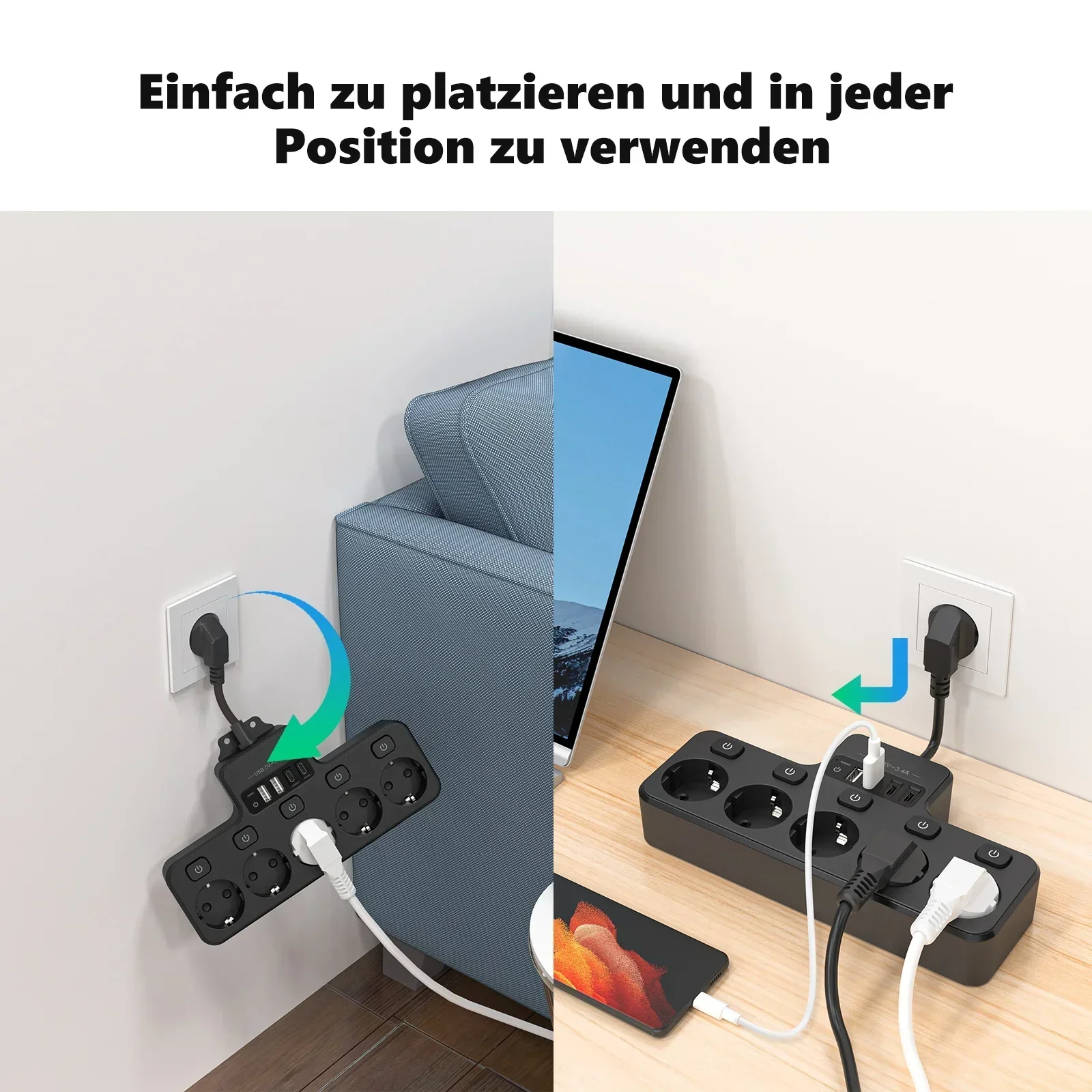 Avelena | Voltaro Pro 9-in-1 | Steckdosenleiste EU | 5 AC Steckplätze + 4 USB (2× Typ-C) | Einzelschalter | 16A | Kurz-Kabel 10 cm - Image 5