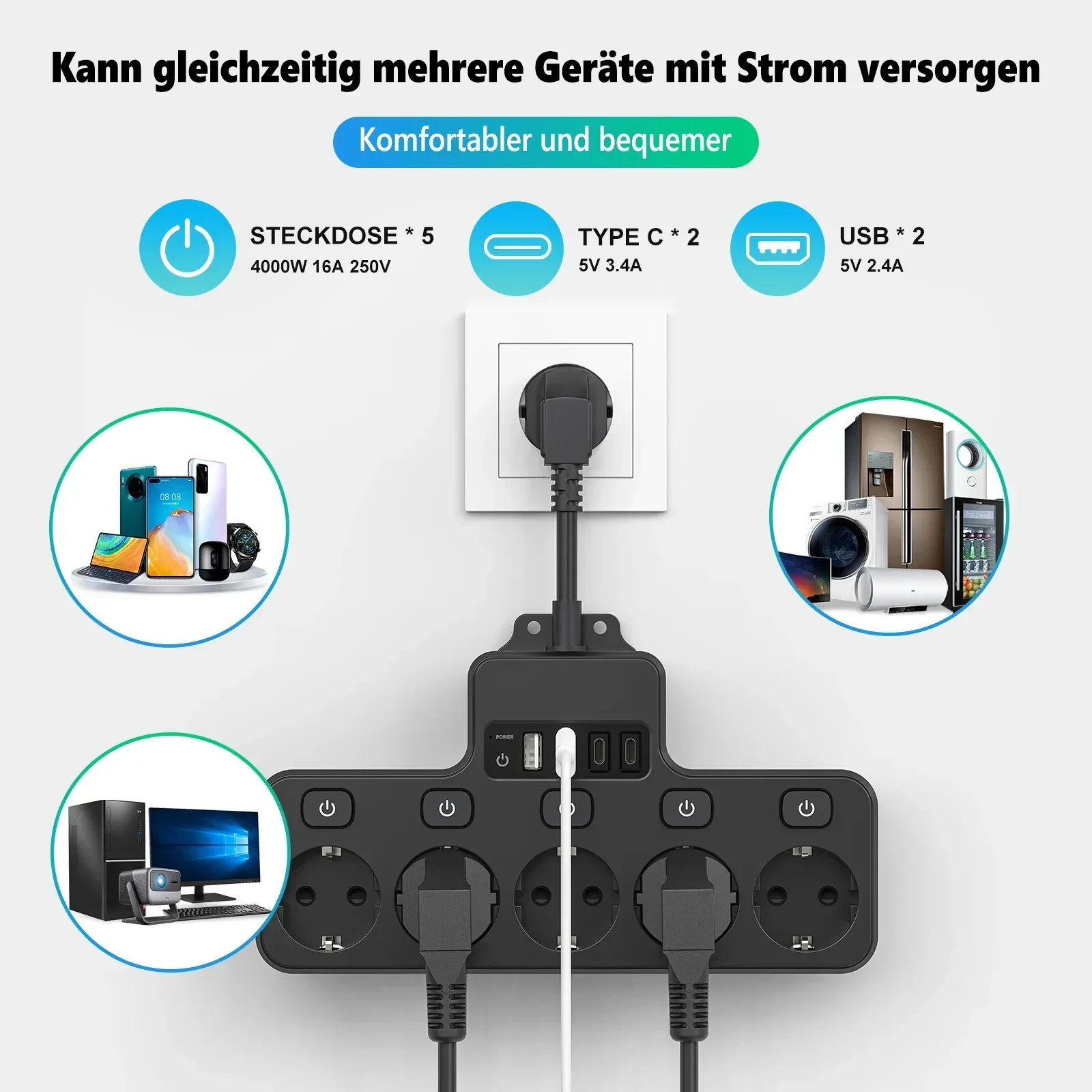 Avelena | Voltaro Pro 9-in-1 | Steckdosenleiste EU | 5 AC Steckplätze + 4 USB (2× Typ-C) | Einzelschalter | 16A | Kurz-Kabel 10 cm - Image 6