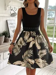 Aveline | Tropical Print Spitzen-Nähte Tank-Kleid - Image 4