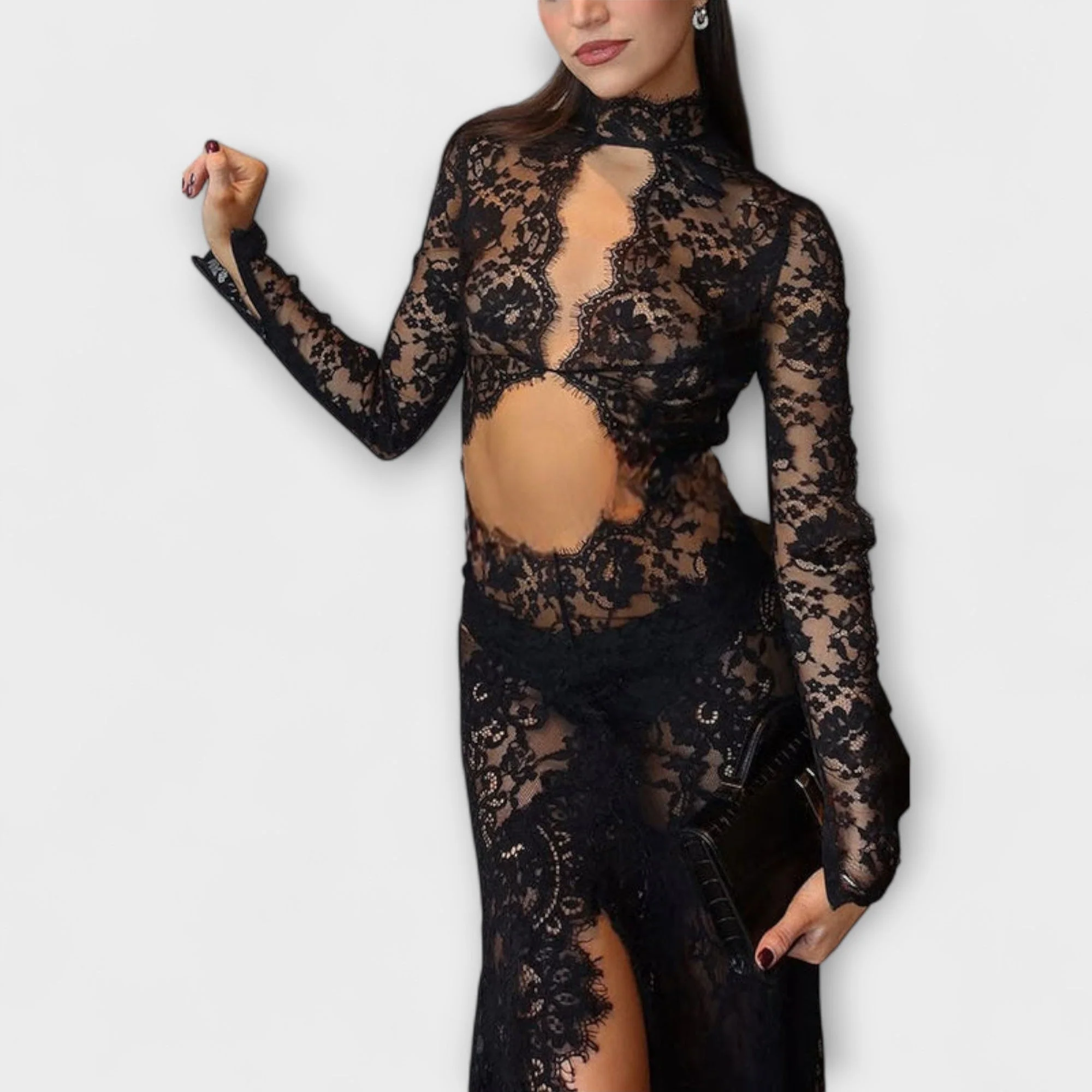 Azalee - Mitternachts-Eleganz Sheer Cutout Langarm Stretch-Maxikleid" could be rewritten as:

"Azalee - Midnight Elegance Sheer Cutout Long Sleeve Stretch Maxi Dress - Image 2
