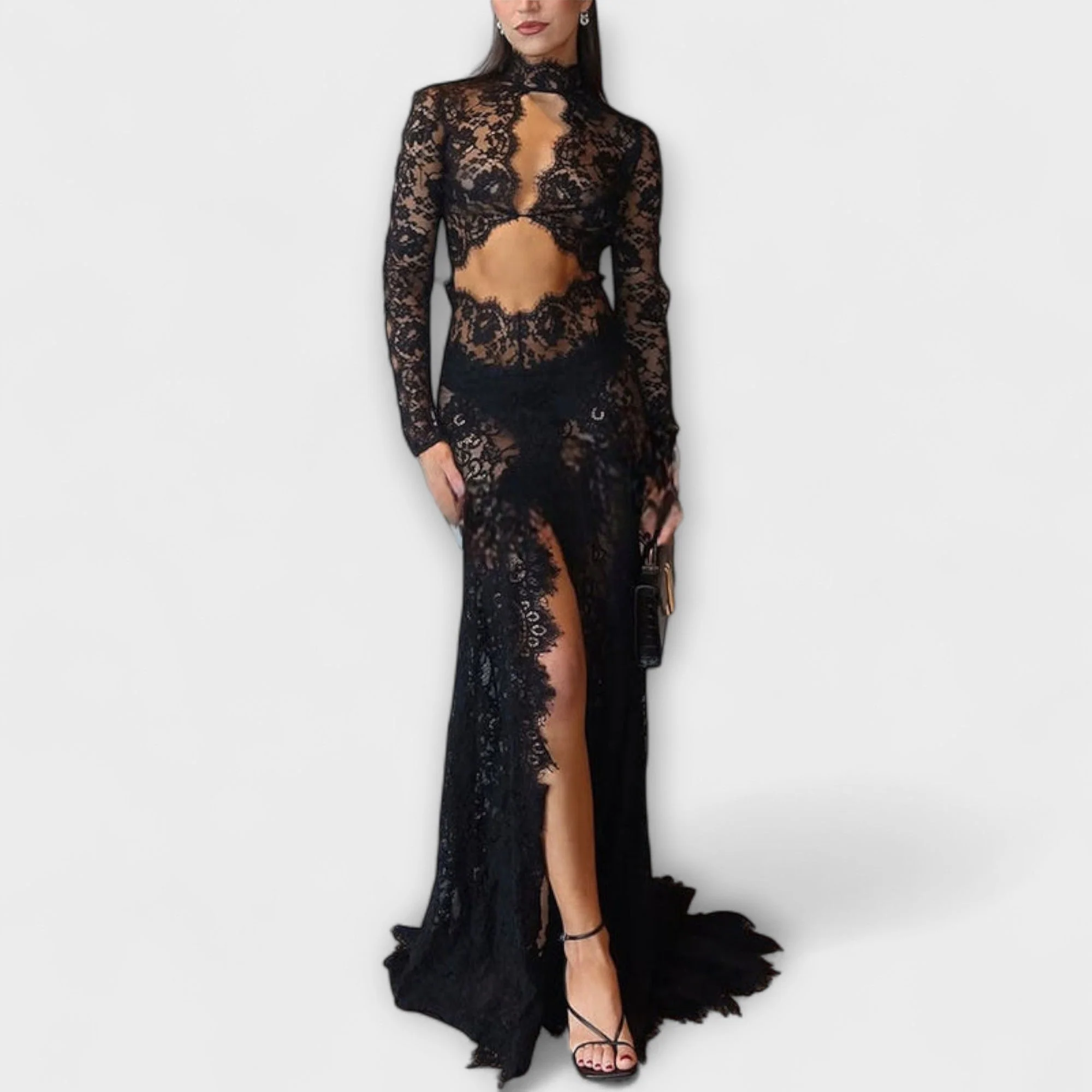 Azalee - Mitternachts-Eleganz Sheer Cutout Langarm Stretch-Maxikleid" could be rewritten as:

"Azalee - Midnight Elegance Sheer Cutout Long Sleeve Stretch Maxi Dress - Image 3