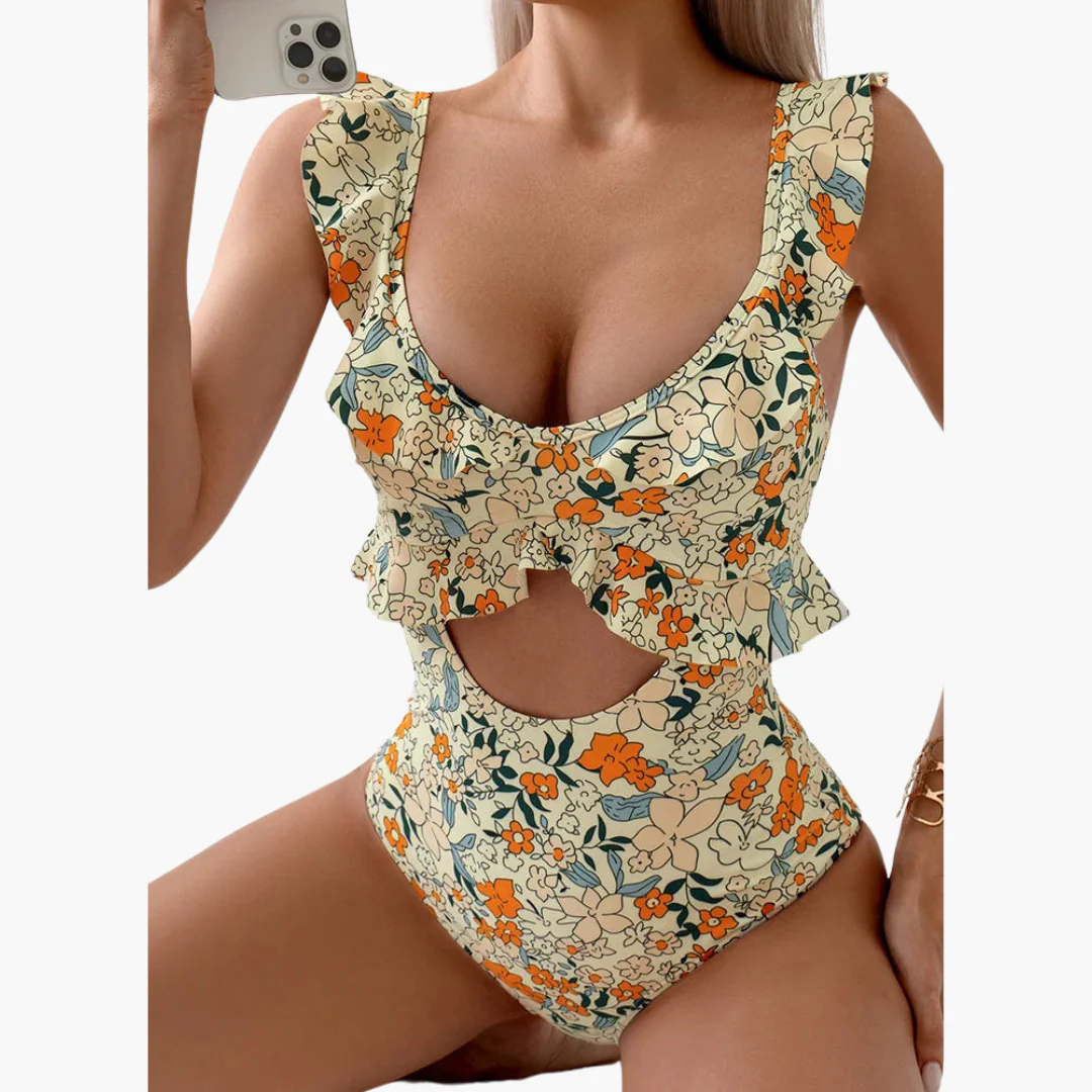 Badeanzug Damen - Floraler Einteiler mit Rüschen & Cut-Out - Image 3