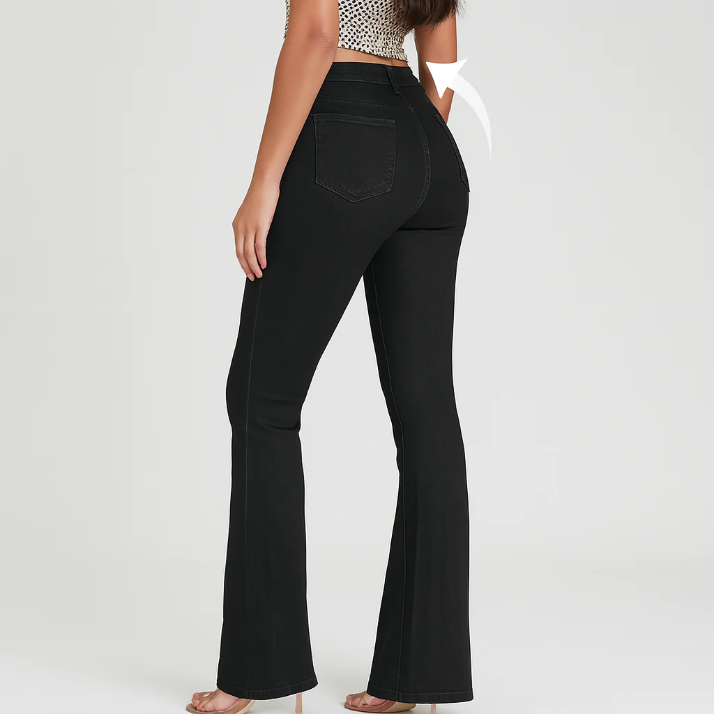 Bella – Elegante schwarze Schlagjeans für Damen – Hochelastisch mit hohem Bund