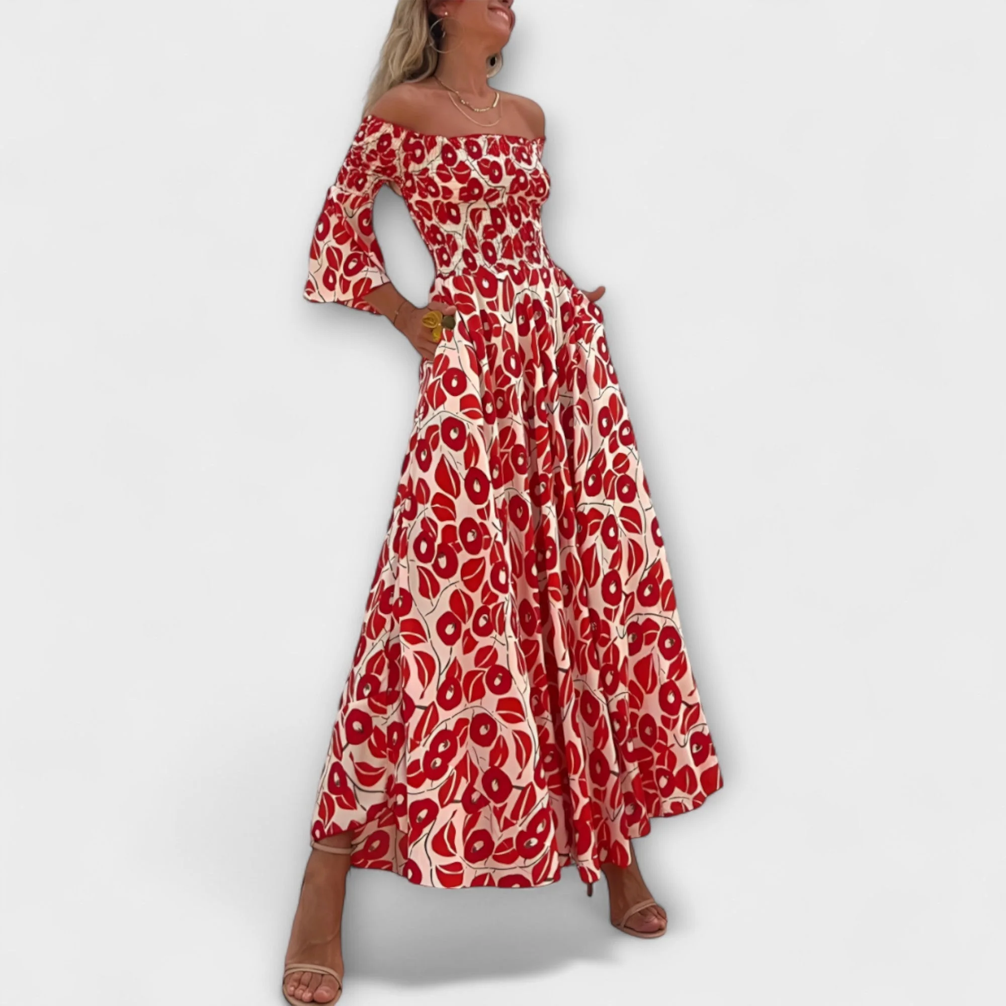 Bella - Off-Shoulder Kleid mit Blumenmuster in Ozeanfarben - Image 3