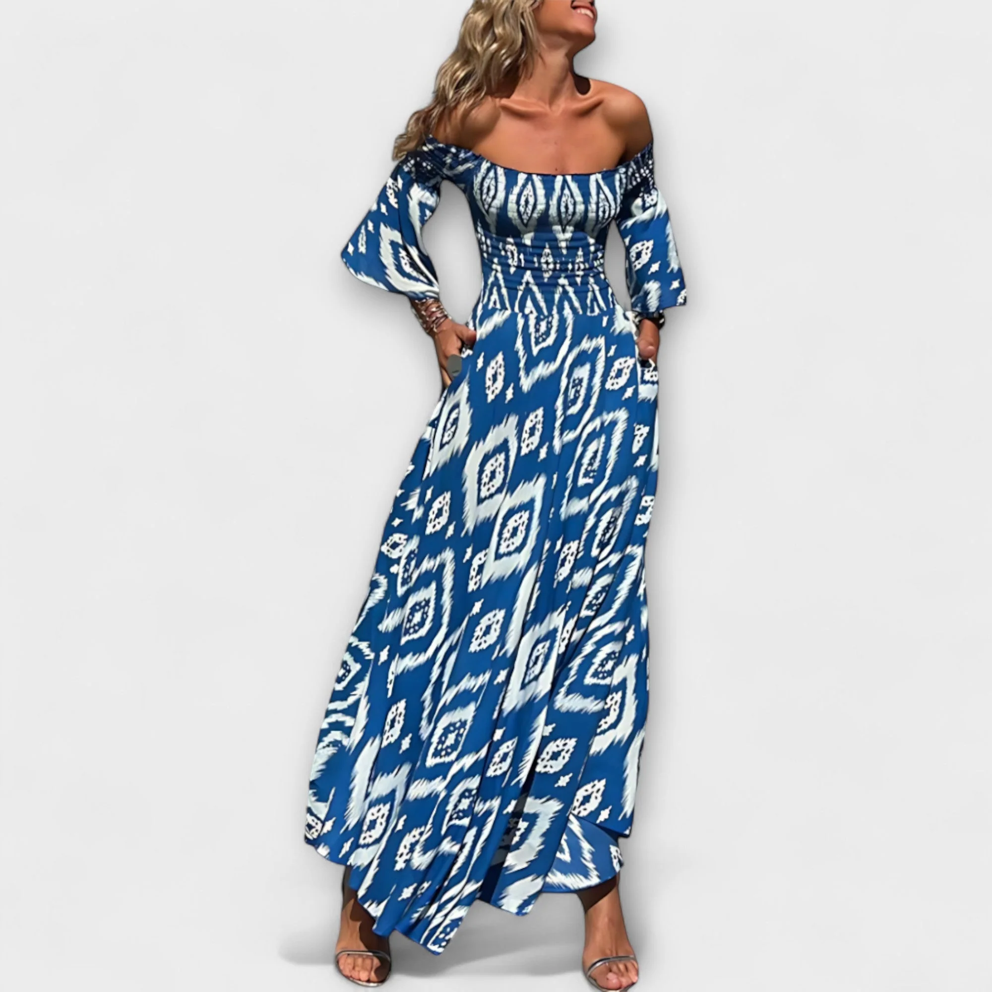 Bella - Off-Shoulder Kleid mit Blumenmuster in Ozeanfarben - Image 7