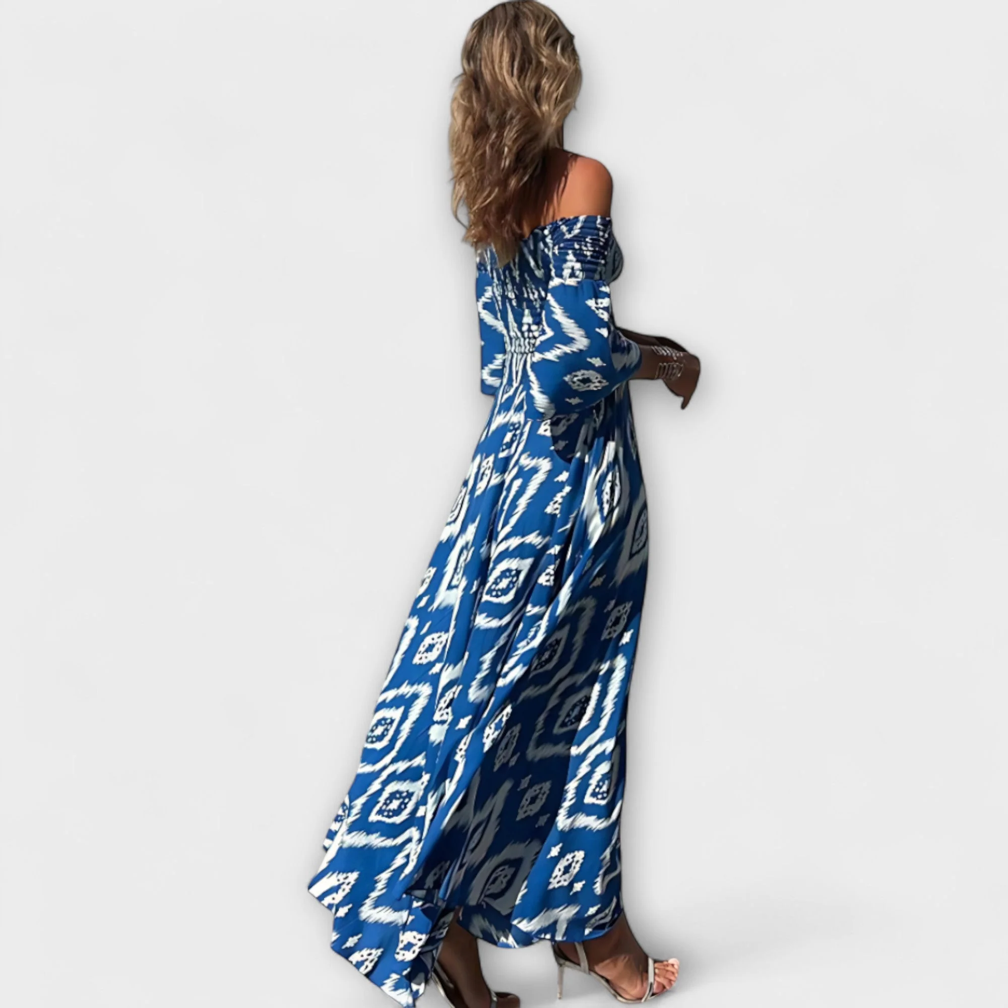 Bella - Off-Shoulder Kleid mit Blumenmuster in Ozeanfarben - Image 9