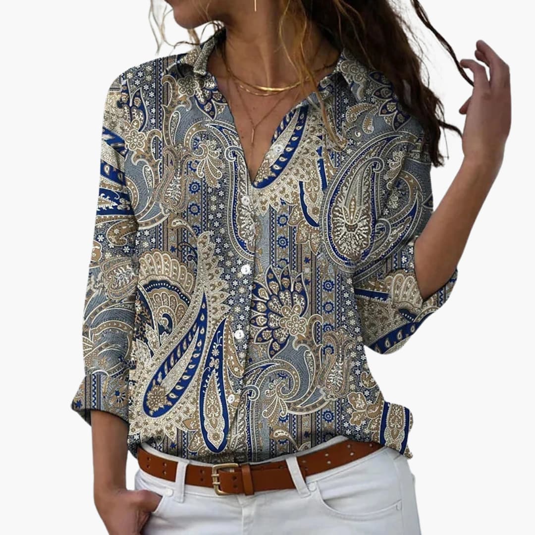 Blumendruck Damen - Bluse mit Knopfleiste und V-Ausschnitt - Image 2