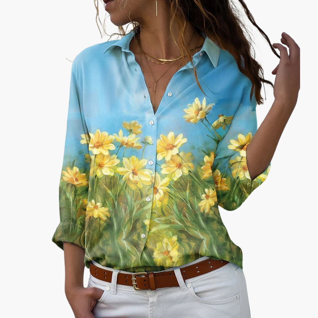 Blumendruck Damen - Bluse mit Knopfleiste und V-Ausschnitt - Image 3