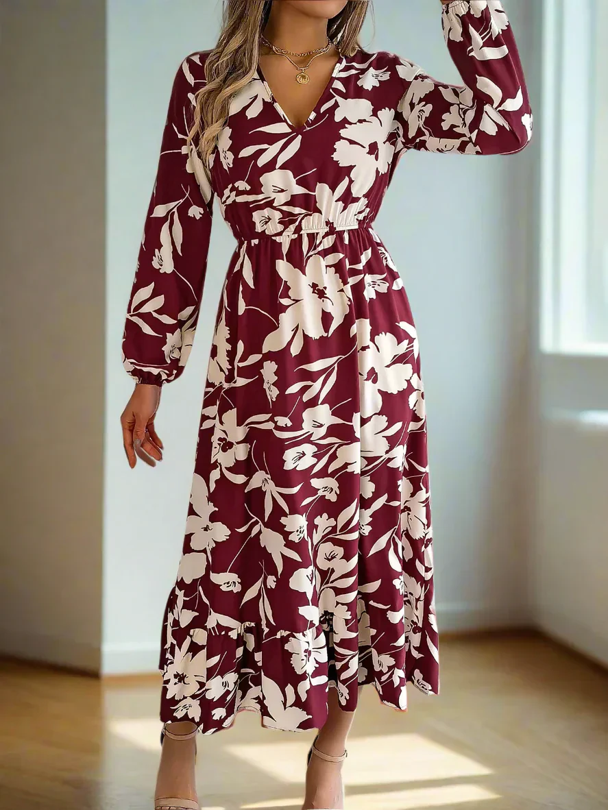 Blumiges Vintage Midi-Kleid mit Taillengummi Damen Langarmkleid - Image 10