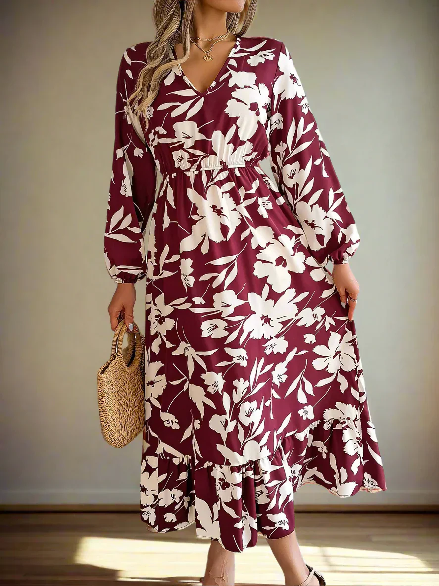 Blumiges Vintage Midi-Kleid mit Taillengummi Damen Langarmkleid - Image 11
