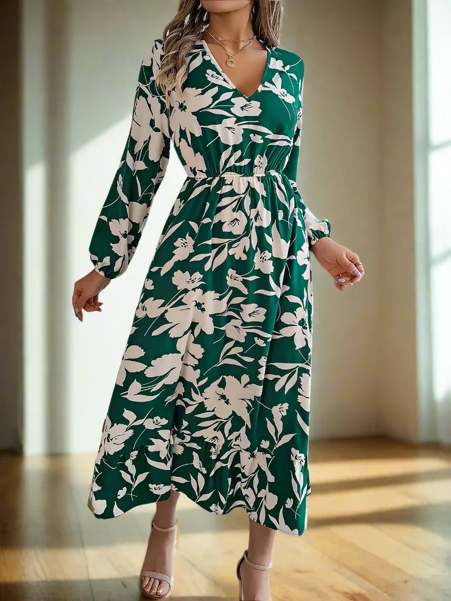 Blumiges Vintage Midi-Kleid mit Taillengummi Damen Langarmkleid - Image 12