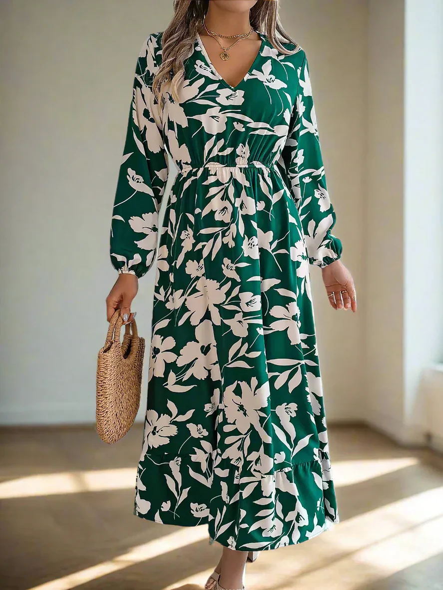 Blumiges Vintage Midi-Kleid mit Taillengummi Damen Langarmkleid - Image 13