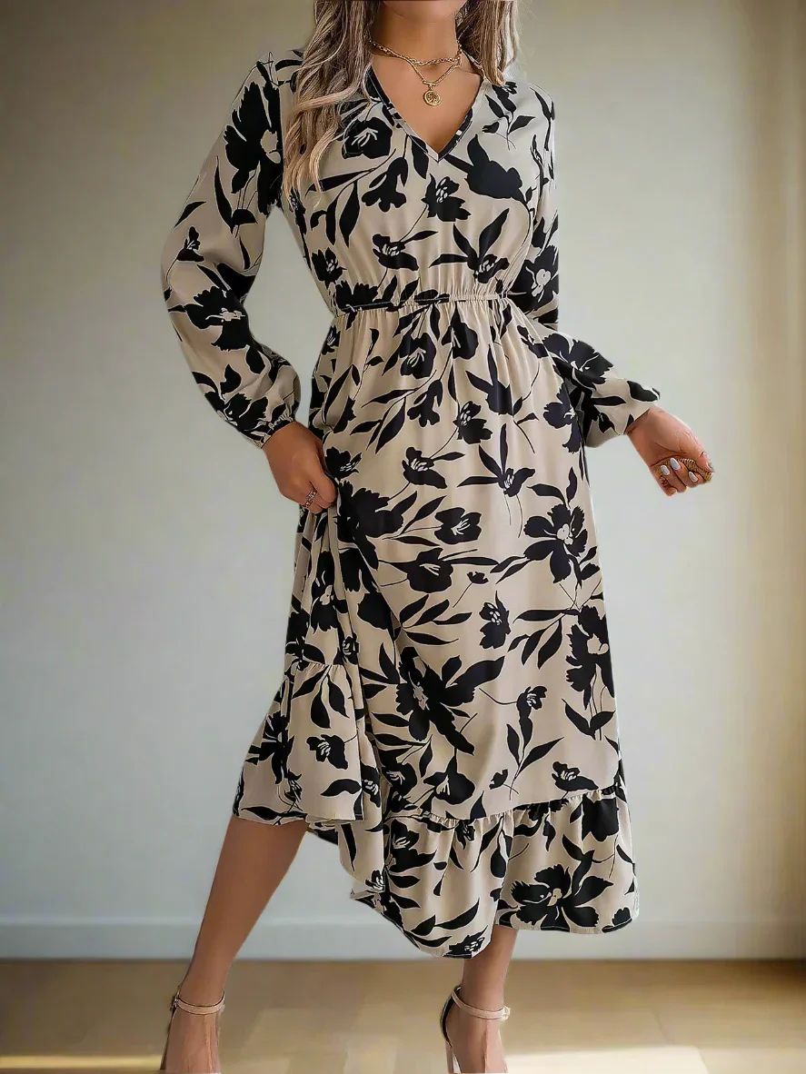 Blumiges Vintage Midi-Kleid mit Taillengummi Damen Langarmkleid - Image 14