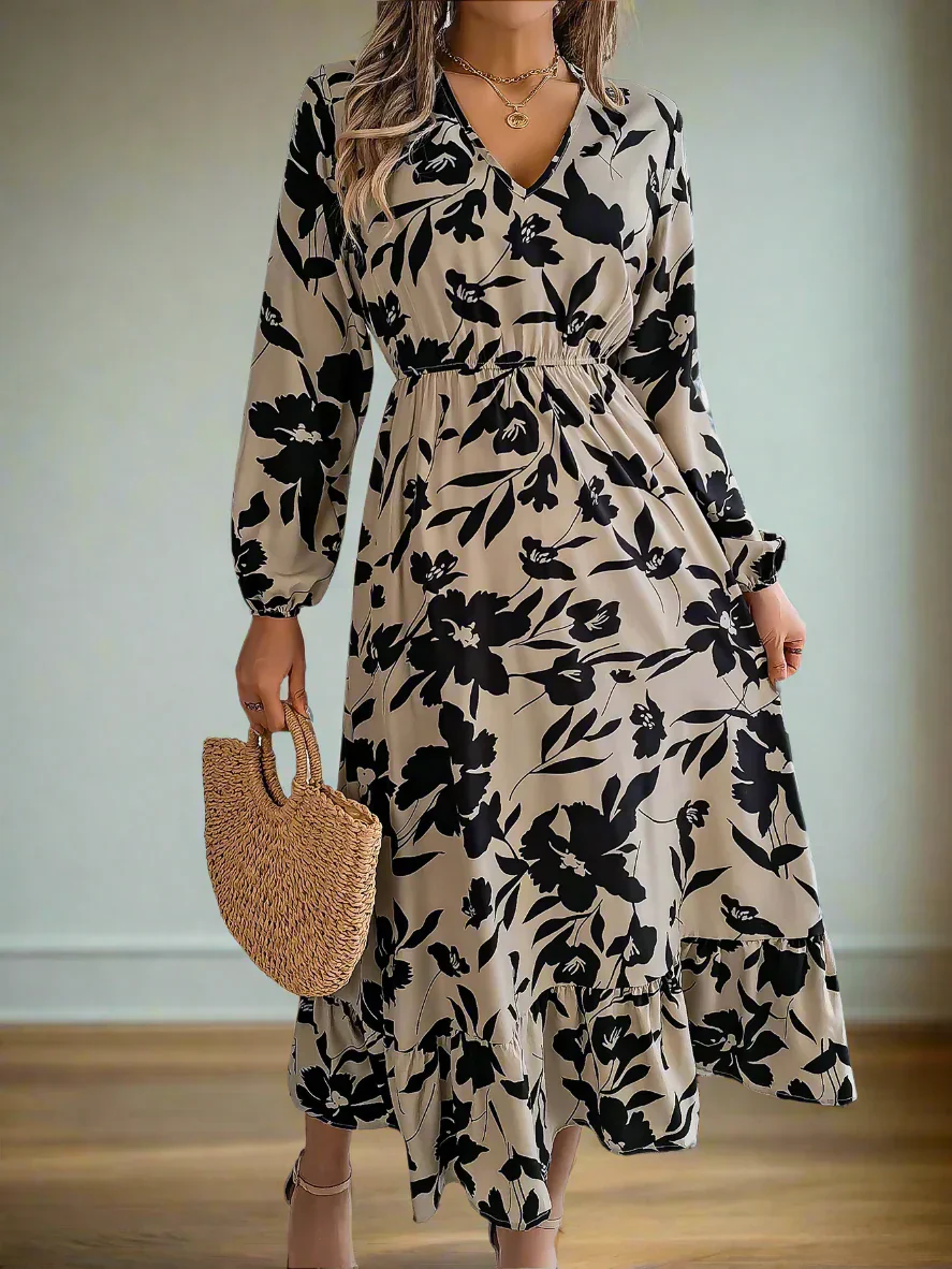 Blumiges Vintage Midi-Kleid mit Taillengummi Damen Langarmkleid - Image 15